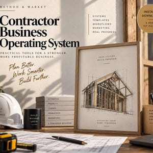 Könnte beinhalten: Ein Contractor Business Operating System Set mit einer gerahmten architektonischen Skizze eines Holzrahmenbaus, einem weißen Bauhelm mit Text, einem Stapel beschrifteter Bücher, einem schwarzen Becher, einem Maßband und einem hölzernen Stiftehalter.