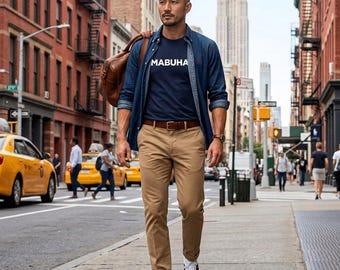 May include: A navy blue t-shirt with the white text MABUHA, worn under an unbuttoned blue denim shirt. The outfit includes tan chinos, a brown leather belt, white sneakers, a brown leather bag, and a wristwatch, set against a city street background.