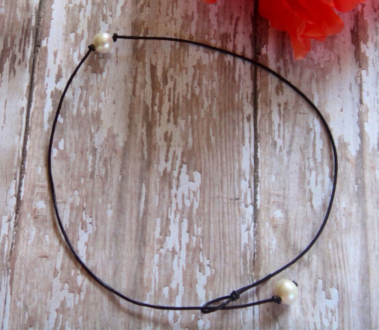 Single Pearl Leather Necklace Leather Pearl Choker Necklace Etsy