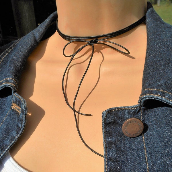 Leather Wrap Choker/Necklace, Leather Bow Tie Wrap Choker/Necklace, Thin Black Leather Wrap Tie Necklace, Boho/Hippie Wrap Necklace