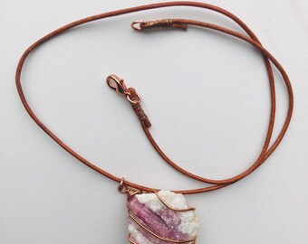 Pink Tourmaline, Rose Gold Wire Wrapped Stone, Natural Stone Pendant, Rose gold & Leather necklace