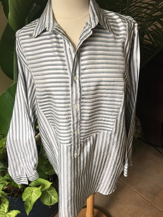 Vintage Tunic style blouse gray  and white  strip… - image 1
