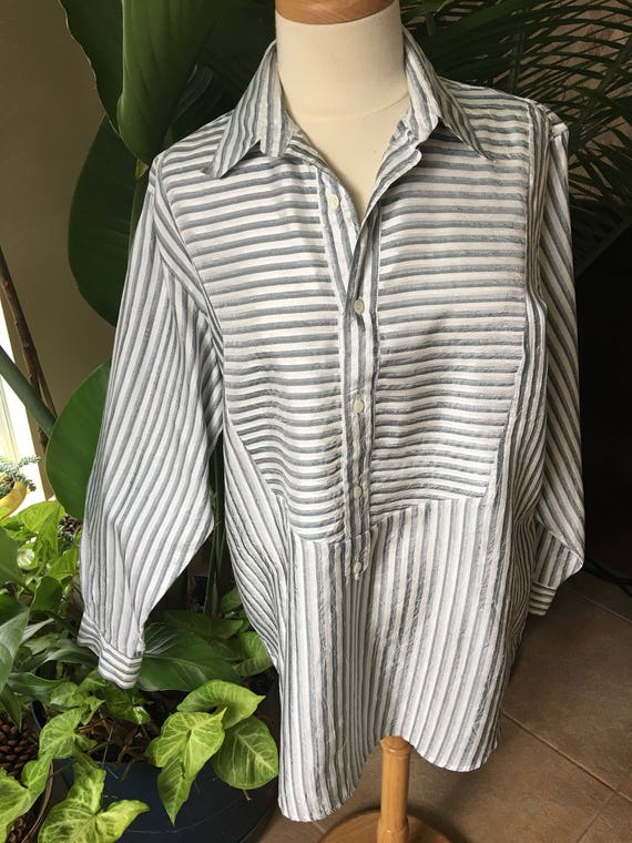 Vintage Tunic style blouse gray  and white  strip… - image 2