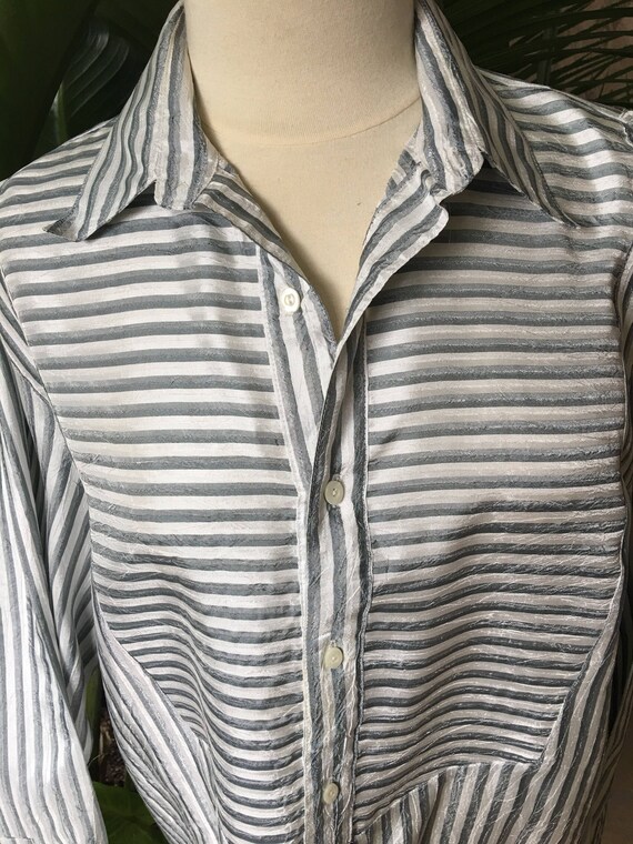 Vintage Tunic style blouse gray  and white  strip… - image 3