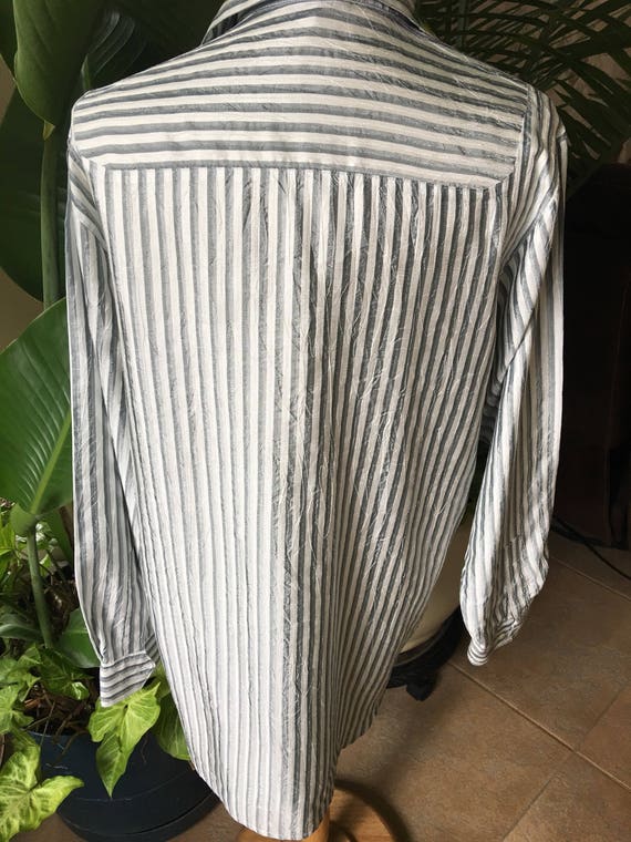 Vintage Tunic style blouse gray  and white  strip… - image 4