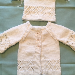 Baby girl Hand knitted White sweater cardigan with hat