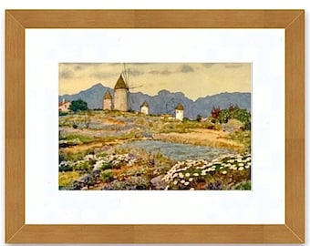Vintage Mallorca litografi, Alcudia väderkvarnar, Erwin Hubert c1949 Spanien turismtryck, Medelhavsväggkonst, Balearerna
