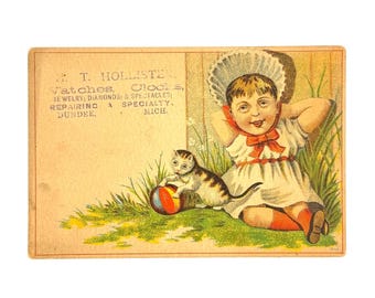 Antique 1880 Victorian Trade Card HT Hollister Watches Clocks Jewelry, Dundee Michigan Vintage Advertising