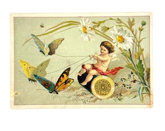 Antike viktorianische Werbekarte aus den 1880er Jahren der Merrick Thread Co., Werbekarte für den Schmetterlingswagen „Cupid“, Petersburg, Michigan