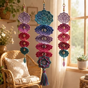 May include: Three vertical hanging decorations featuring crocheted floral motifs in gradient shades of purple, magenta, red, and teal. Each strand is accented with metallic beads and clear crystals, with the center piece ending in a multi-colored tassel.