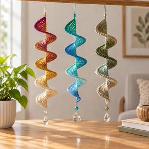 May include: Three hanging spiral ornaments made of crocheted yarn. The first features a gradient from deep magenta to yellow, the second from teal to light blue, and the third from dark green to beige. Each ornament ends with a clear crystal pendant.