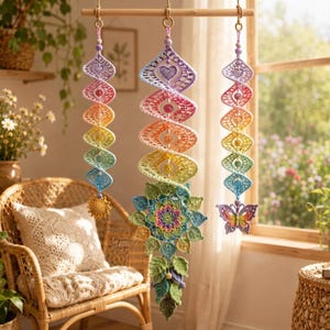 May include: Three hanging crochet ornaments suspended from a wooden rod. The two outer pieces are spiral-shaped in rainbow gradients with a sun and butterfly charm. The center piece features a large, intricate mandala with leaf-shaped accents.