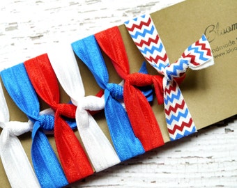 7 pcs Elastic Hair Tie - Memorial Day/4th July - Patriotic Hair Ties - White/Royal Blue/Red and Chevron -Toddler to Adult