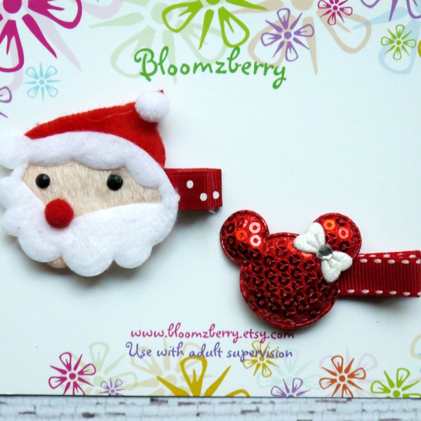 2 pcs set Xmas Hair Clips  - Santa Claus and Mickey Hair Clips - Christmas/Photo Props/Holidays/Gift - Christmas Clippies - Baby to Adult