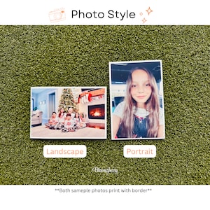 May include: Two sample photos showing different photo styles: a landscape photo of a family in front of a fireplace and a portrait photo of a young girl.