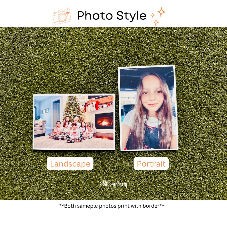 May include: Two sample photos showing different photo styles: a landscape photo of a family in front of a fireplace and a portrait photo of a young girl.