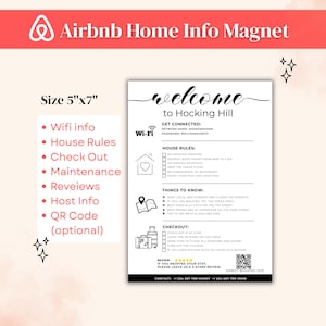 Puede incluir: Un imán de información para el hogar de Airbnb blanco, de tamaño 12.7cm x 17.8cm, con el texto "welcome to Hocking Hill." Incluye información de Wi-Fi, reglas de la casa, instrucciones de salida y un código QR.