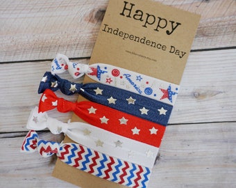 5 pcs set Hair Ties-Happy Independence Day- Red/White/Blue Hair Ties - 4th July/Indepenceden day/Holidays/Gift- Toddler to Adult