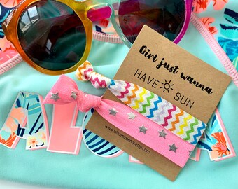 2 pcs Hair Ties | Girl Just Wanna Have Sun Card|  Rainbow Chevron and Pink Silver Stars |Summer Hair Tie | Everyday Wear | Gift | Party