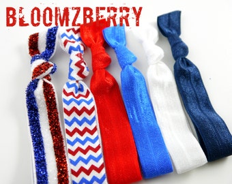 4th July Hairites 6 pcs Elastic Knotted Hair Ties- Patriotic Glitter and Chevron, Red, Royal Blue, White and Navy- 4th July-Toddler to Adult