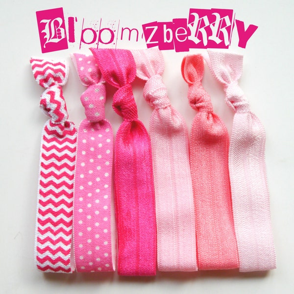 6 pcs Elastic Hair Ties or Headbands - Pink Set - Chevron, Polka Dots, Hot Pink, Candy Pink, Bubble Gum and Baby Pink - Toddler to Adult