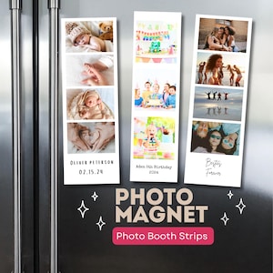 以下が含まれることがあります： マグネットとして表示された3枚の縦型フォトブースストリップ。最初のストリップには赤ちゃん、手、足と「OLIVER PETERSON 02.15.24」の文字。2枚目には誕生日パーティーと「ADEN 5TH BIRTHDAY 2024」の文字。3枚目には友人たちと「Besties Forever」の文字が写っています。