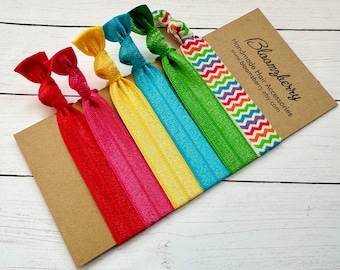 6 pcs Elastic Hair Tie - Rainbow Set - Chevron Rainbow, Hot Pink, Apple Green, Yellow, Turquoise and Red - No Crease - One size fit Most