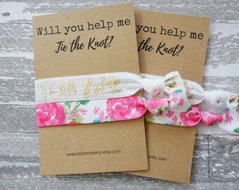 White/Gold/Floral - Bridesmaid Gift 2 pcs Set Hair Tie - Will you help me tie the knot -Bridesmaid Perposal- Wedding/Bridesmaid/Gift/Events