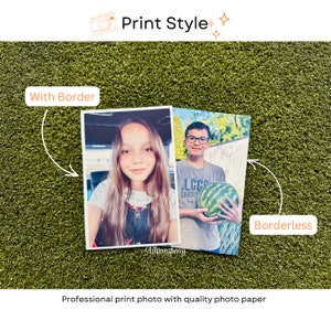 May include: Two photos of children, one with a border and one without. The photo with a border shows a girl with long brown hair smiling. The photo without a border shows a boy holding a watermelon.