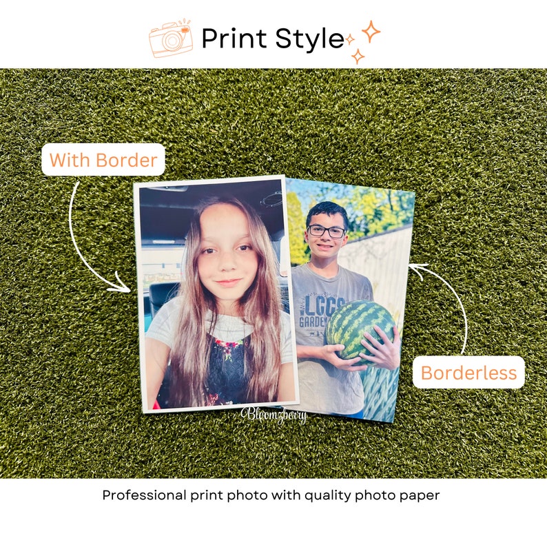 May include: Two photos of children, one with a border and one without. The photo with a border shows a girl with long brown hair smiling. The photo without a border shows a boy holding a watermelon.