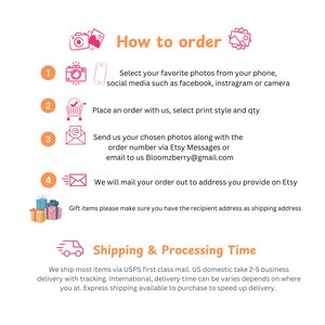 May include: A step-by-step guide on how to order custom photo prints. The guide includes instructions on selecting photos, placing an order, sending photos, and shipping information. The text includes the email address Bloomzberry@gmail.com.
