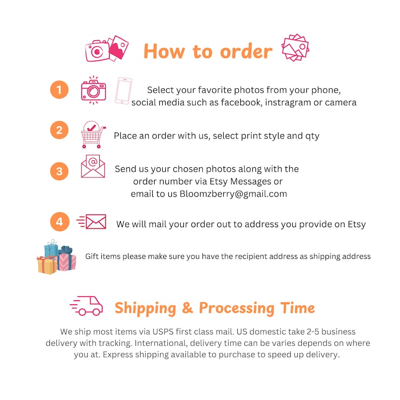 May include: A step-by-step guide on how to order custom photo prints. The guide includes instructions on selecting photos, placing an order, sending photos, and shipping information. The text includes the email address Bloomzberry@gmail.com.
