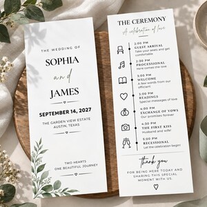 Puede incluir: Dos tarjetas de programa de boda blancas con texto negro e ilustraciones de hojas verdes. La tarjeta izquierda muestra los nombres Sophia y James, la fecha 14 de septiembre de 2027 y el lugar. La derecha detalla el cronograma de la ceremonia.
