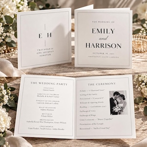 May include: A white wedding program booklet featuring black text. The cover displays the initials E H, the names Emily and Harrison, and the date October 18, 2027. The interior pages list the wedding party and the ceremony order with a photo.