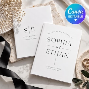 May include: Two white wedding program booklets with black serif typography. One booklet displays the initials S and E with the names Sophia and Ethan and the date August 27, 2026. The other reads Welcome to the wedding of Sophia and Ethan.