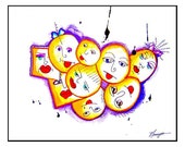 Silly Weird Faces. Whimsical art print. Gift for child. Gift for a childish grownup. Nine friends. Splatter paint technique.