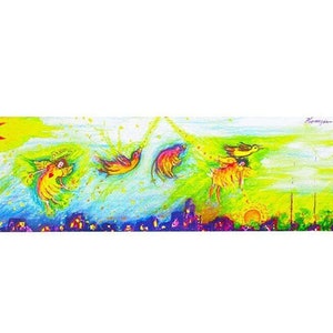 May include: A colorful, whimsical artwork featuring a cityscape beneath a vibrant sky. The painting depicts several stylized birds and creatures in flight, rendered in shades of yellow, orange, and red against a green and blue backdrop. A crescent moon is visible.