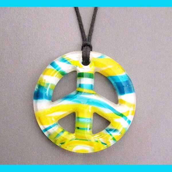 Necklace. Glass Peace Sign Pendant on Quality Black Cotton Cord.  Adjustable length, choker to long.  Colorful.  Beautiful. Unisex. Gift.