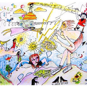 May include: A colorful, hand-drawn illustration with a whimsical style. The image features a variety of characters and objects, including a sun, a bird, a cloud, and a person with a lightning bolt. The text "Where the hell is the door" is written in a speech bubble. The text "4 inch spike" is written at the bottom of the image.