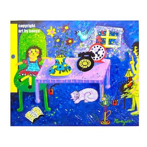 May include: A colorful painting of a doll sitting in a green chair, a cat sleeping under a table, and a vase of flowers. The table has a pink surface and a rotary phone on it. The background is a blue sky with white stars.