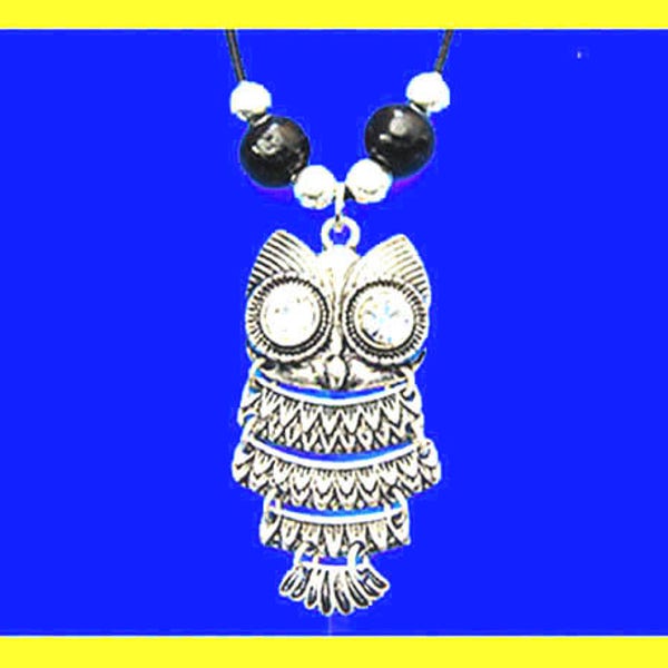 Necklace. Owl Pendant with matching beads on Black Cotton Cord.  Adjustable Length, Choker to long. Symbol of Wisdom and Education. Unisex.