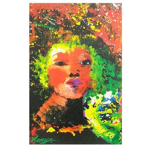 May include: Abstract painting of a person's face with bright colors, including red, green, yellow, and blue. The background is a mix of black and white splatters.