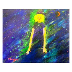 May include: A painting of a person with yellow hair and a black dress standing in front of a blue and green starry night sky. The person has a yellow halo and is smiling. There is a crescent moon in the upper right corner of the painting.