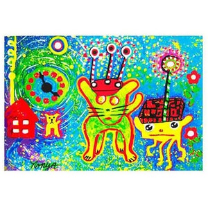 May include: A colorful abstract painting featuring two cartoon characters. One character is a green cat-like creature with a red crown and the other is a yellow creature with a checkered box on its head. The background is a blue and green splatter pattern with a clock and a small house.
