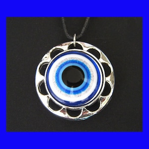 NECKLACE. Evil Eye Amulet used for PROTECTION AGAINST the Evil Eye. Pendant. Black cotton cord.  Adjustable length,  choker to long.