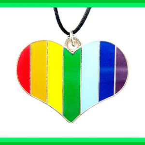Op de afbeelding: Een regenboogvormige hartvormige hanger aan een zwarte koordsnoer. Het hart is gemaakt van metaal en heeft een zilveren afwerking. De regenboogkleuren zijn rood, oranje, geel, groen, blauw en paars.