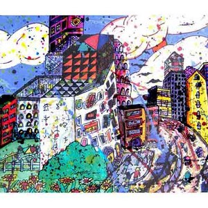 May include: A colorful, abstract painting of a city skyline with buildings in various shapes and sizes. The buildings are painted in bright colors, including red, yellow, blue, green, and purple. The painting is set against a blue sky with white clouds. There are also some small figures of people in the painting.