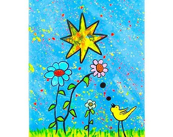 Star light, star bright.  Yellow Bird.  Flowers.  Wish Upon a Star. Whimsical Art Print. Fantasy.  Sweet Gift.  Splatter paint technique.