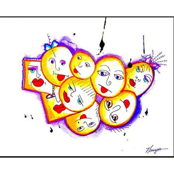 Silly Weird Faces.  Whimsical art print.  Gift for child.  Gift for a childish grownup.  Nine friends.  Splatter paint technique.