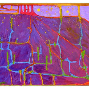 May include: Abstract painting with a purple background and a red, orange, and yellow landscape in the top center. The painting features a variety of lines and shapes in blue, green, and yellow.